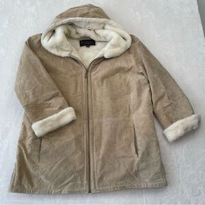 Winlit New York Tan Genuine Leather Faux Fur Lined Hooded Coat Sz XL Y2K Winter